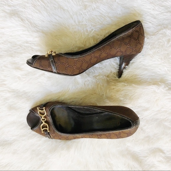 Etienne Aigner Brown Logo Print Peep Toe Heel 6.5 - Picture 3 of 7
